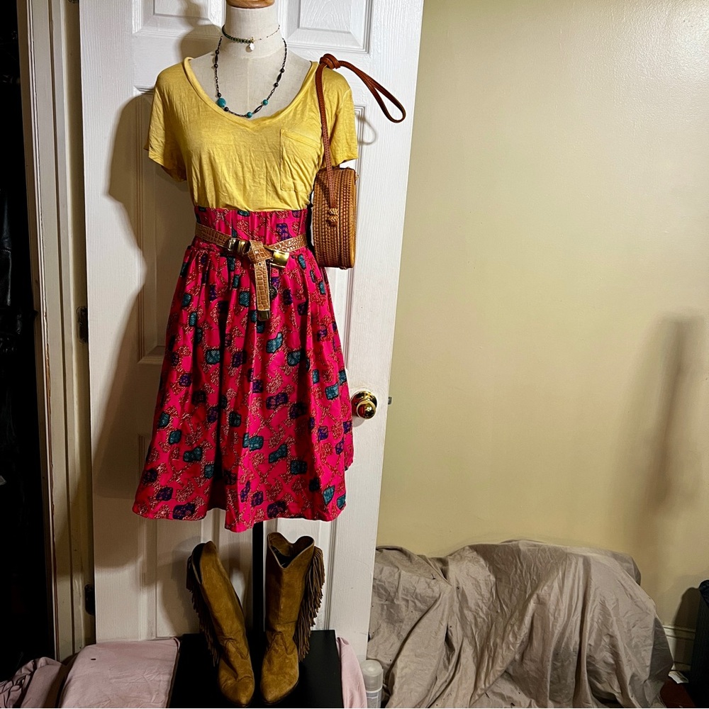 Handmade Wms Cotton Pleated Anchor Abstract‎ Printed Boho Preppy Midi Skirt M